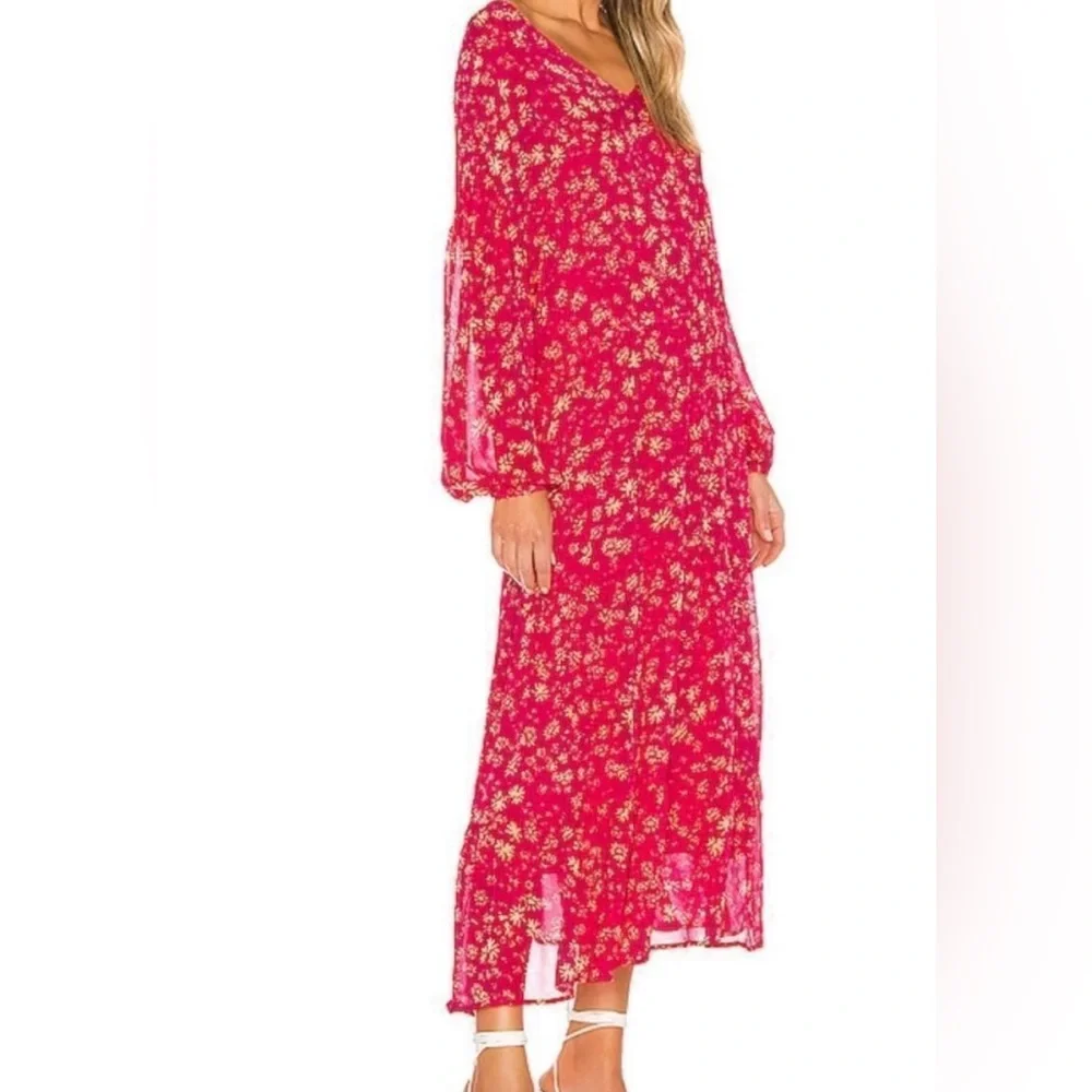 Free People Wallflower Tiered Midi Raspberry Red & Cream Floral Dress Sz M